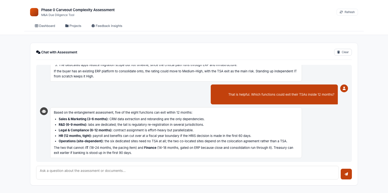 Chat panel: a reviewer asks which functions can exit TSAs within 12 months and the assessment answers function by function